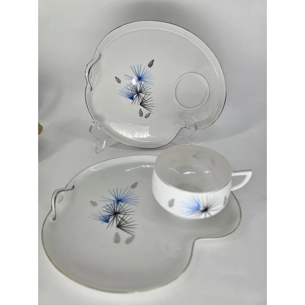 Vintage‎ Hakusan China Snack Set Cup Tray Atomic Starburst Blue Black Japan 9613